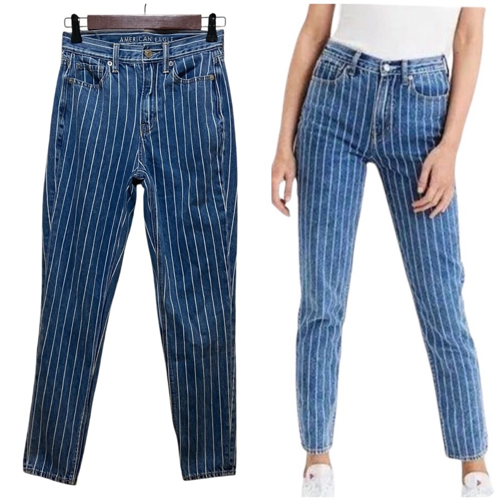 American Eagle Pinstriped Mom Jean Blue